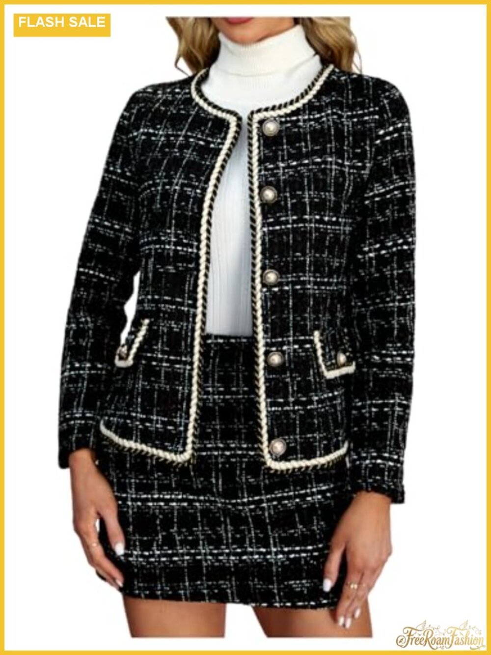 Plaid Tweed Blazer and Mini Skirt Set Long Sleeve Button Front Suit